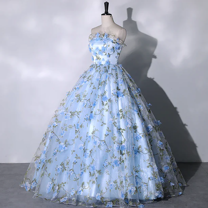 Elegant A Line Strapless Blue Floral Sweetheart Tulle Ball Gown Long Prom Dress,Evening Dress GG355