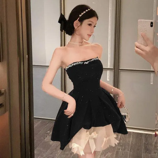 Princess Ball Gown Strapless Black Satin Sequin Beads Short Prom Dress,Homecoming Dress,16th Birthday Dress GG3560