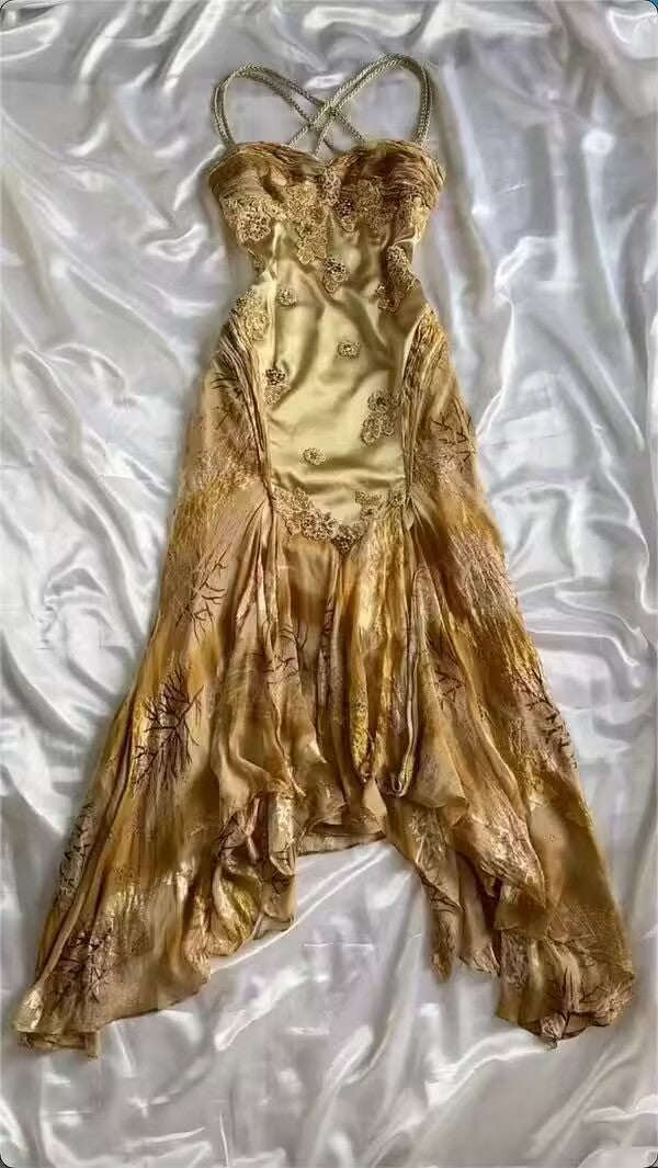 Stunning Gold A Line Spaghetti Straps Satin Chiffon Applique Long Prom Dress,Party Dress,Evening Dress GG3569