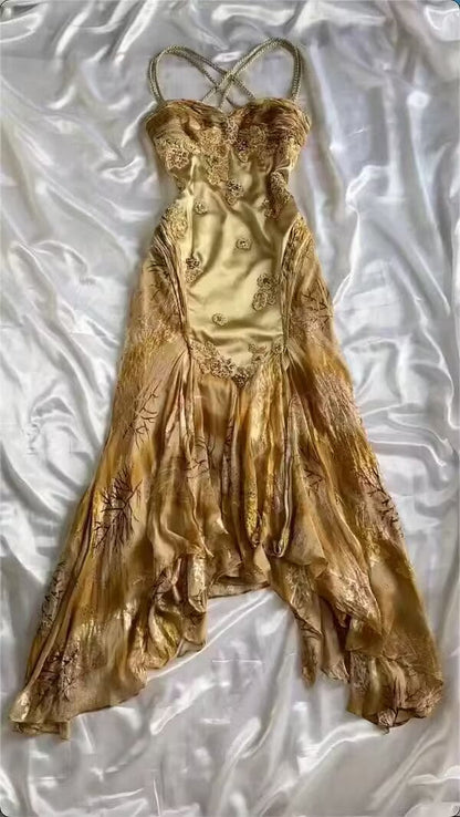 Stunning Gold A Line Spaghetti Straps Satin Chiffon Applique Long Prom Dress,Party Dress,Evening Dress GG3569