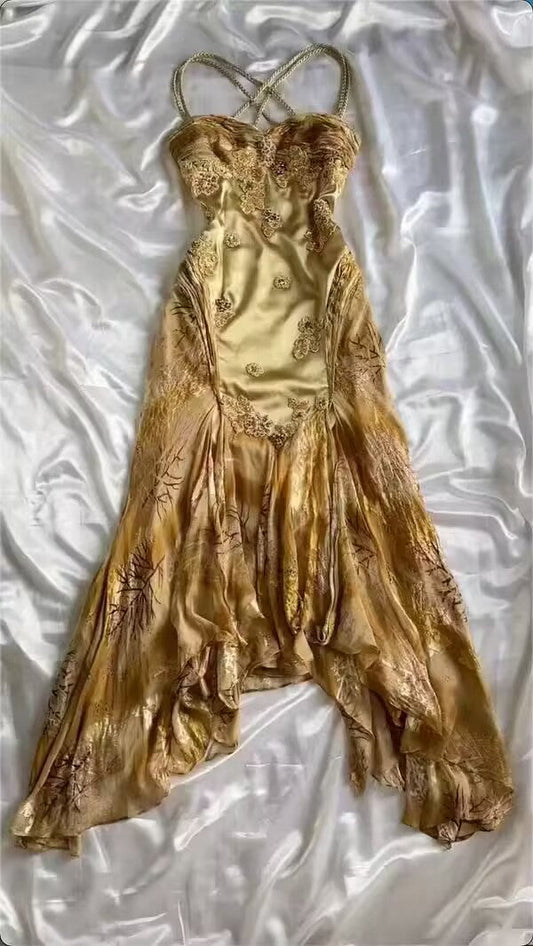 Stunning Gold A Line Spaghetti Straps Satin Chiffon Applique Long Prom Dress,Party Dress,Evening Dress GG3569