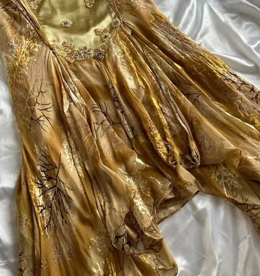 Stunning Gold A Line Spaghetti Straps Satin Chiffon Applique Long Prom Dress,Party Dress,Evening Dress GG3569