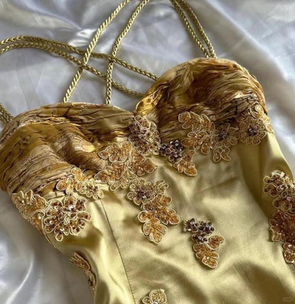 Stunning Gold A Line Spaghetti Straps Satin Chiffon Applique Long Prom Dress,Party Dress,Evening Dress GG3569