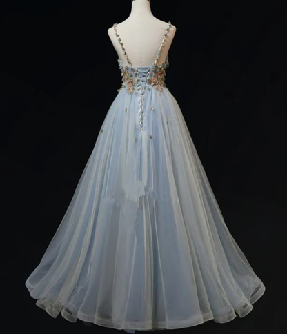 Elegant A Line Blue Tulle with Flowers Straps Long Prom Dress,Evening Dress GG356
