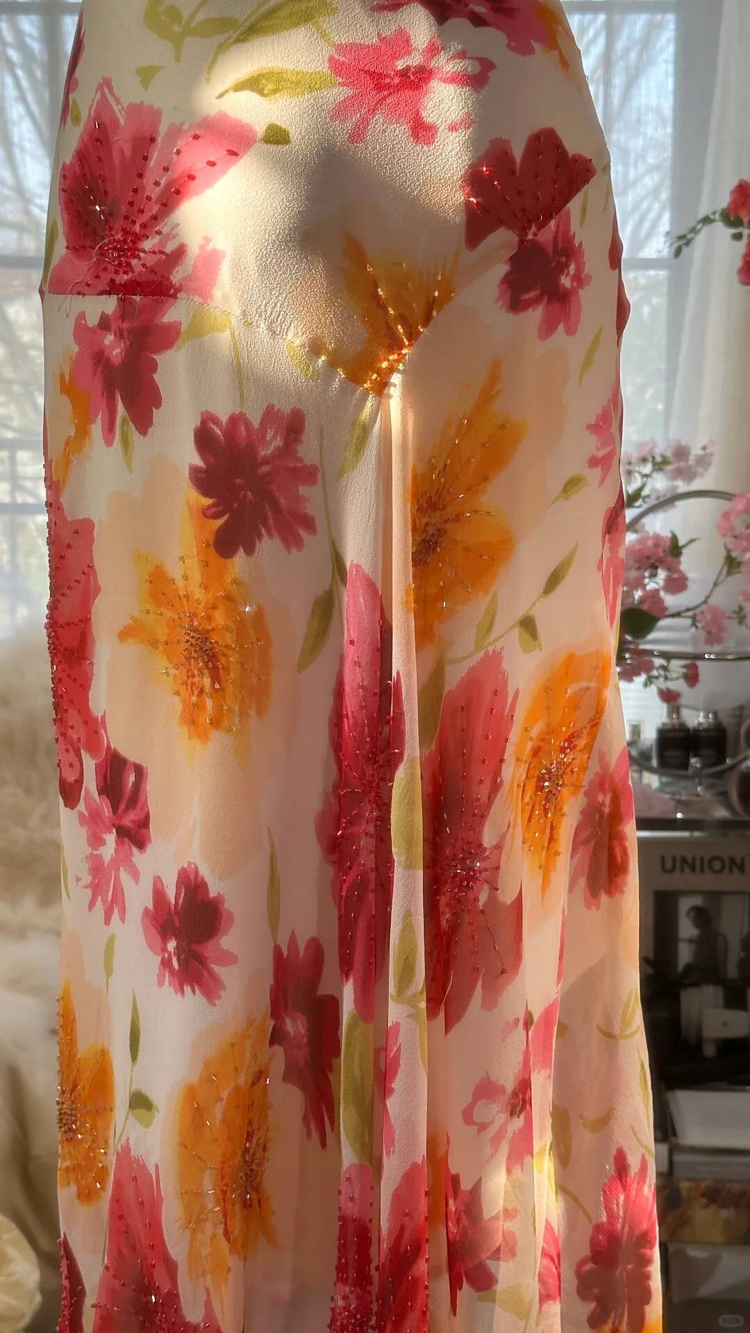 Unique Mermaid Spaghetti Straps Satin Chiffon Printed Flowers Beads Long Prom Dress,Party Dress,Evening Dress GG3570