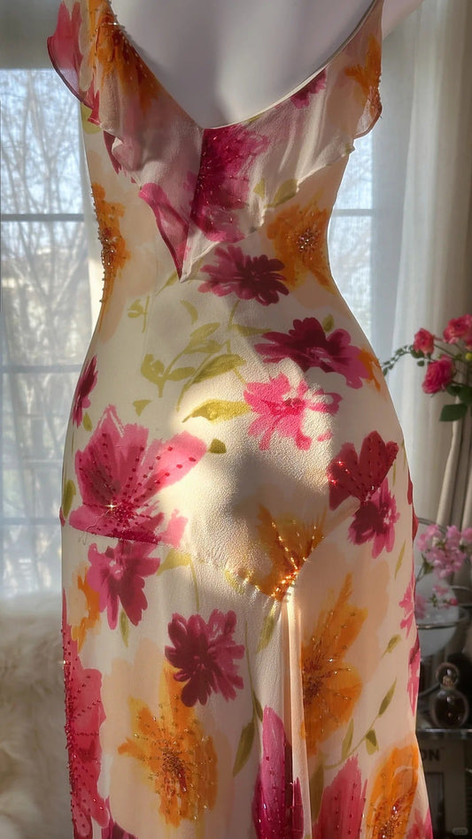 Unique Mermaid Spaghetti Straps Satin Chiffon Printed Flowers Beads Long Prom Dress,Party Dress,Evening Dress GG3570