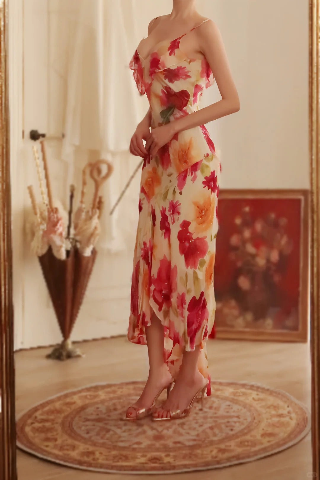 Unique Mermaid Spaghetti Straps Satin Chiffon Printed Flowers Beads Long Prom Dress,Party Dress,Evening Dress GG3570