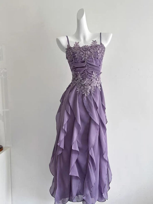 Elegant A Line Spaghetti Straps Chiffon Applique Ruffles Long Prom Dress,Party Dress,Evening Dress GG3584