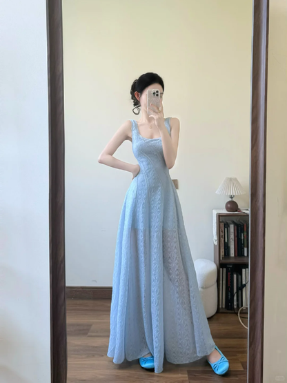 Chic Sky Blue A Line Square Satin Long Prom Dress,Party Dress,Evening Dress GG3587