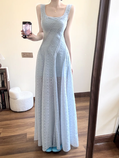 Chic Sky Blue A Line Square Satin Long Prom Dress,Party Dress,Evening Dress GG3587