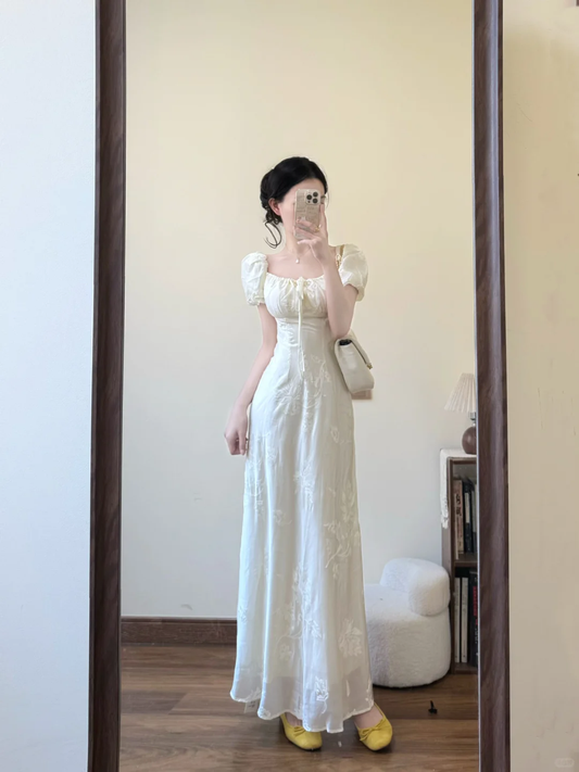 Elegant A Line U Neck Satin Applique Short Bubble Sleeves Long Prom Dress,Party Dress,Evening Dress GG3589