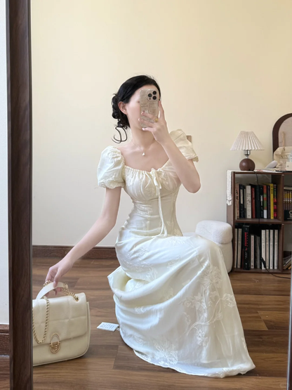 Elegant A Line U Neck Satin Applique Short Bubble Sleeves Long Prom Dress,Party Dress,Evening Dress GG3589