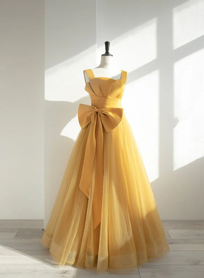 Elegant A Line Sweetheart Yellow Satin Bow Long Prom Dress,Evening Dress GG358