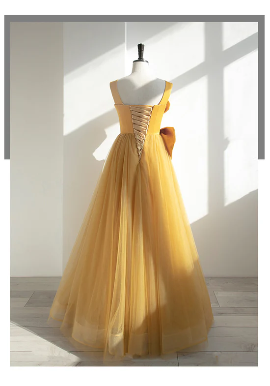Elegant A Line Sweetheart Yellow Satin Bow Long Prom Dress,Evening Dress GG358
