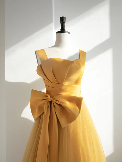 Elegant A Line Sweetheart Yellow Satin Bow Long Prom Dress,Evening Dress GG358