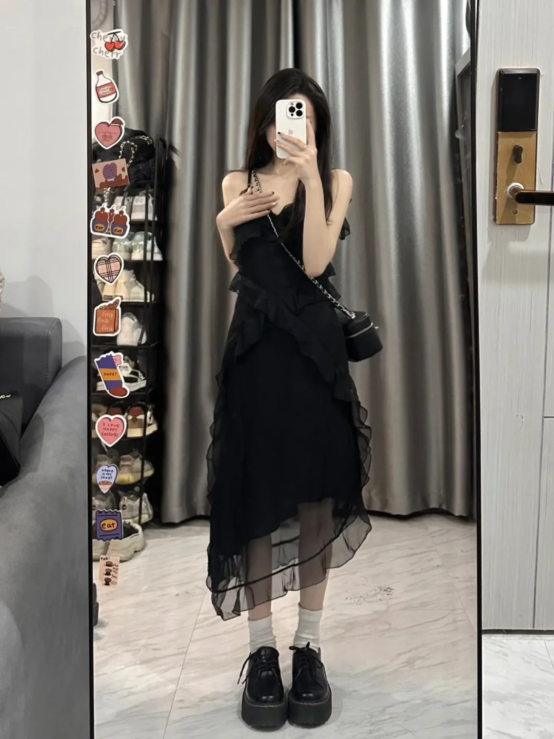 Black A Line Spaghetti Straps Chiffon Ruffles Long Prom Dress,Party Dress,Evening Dress GG3594