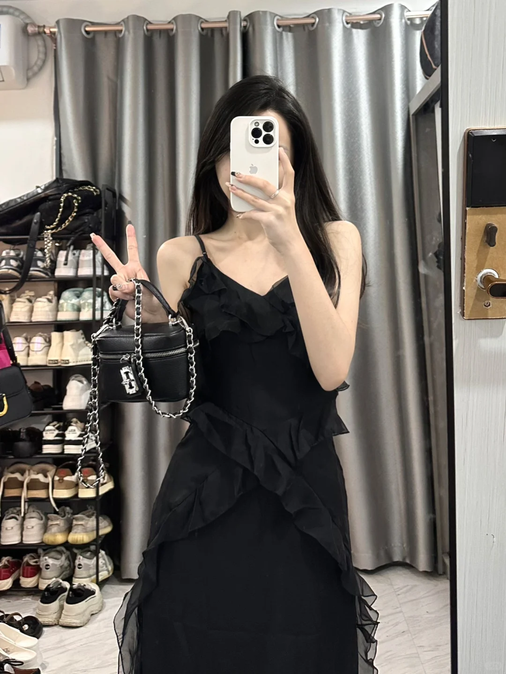 Black A Line Spaghetti Straps Chiffon Ruffles Long Prom Dress,Party Dress,Evening Dress GG3594