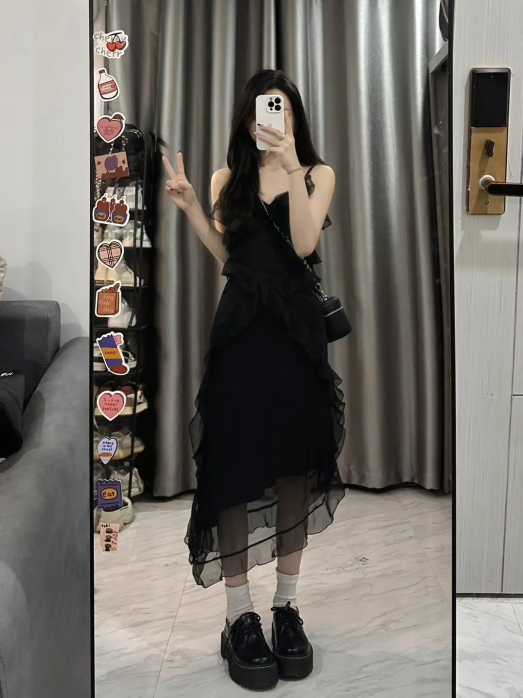 Black A Line Spaghetti Straps Chiffon Ruffles Long Prom Dress,Party Dress,Evening Dress GG3594