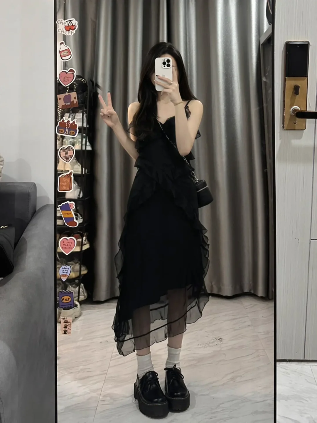 Black A Line Spaghetti Straps Chiffon Ruffles Long Prom Dress,Party Dress,Evening Dress GG3594