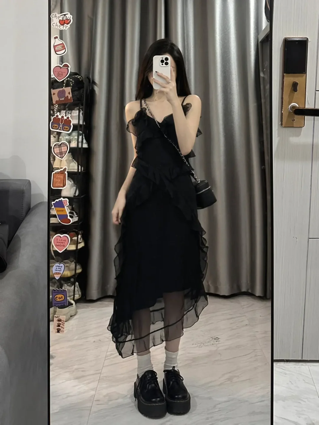 Black A Line Spaghetti Straps Chiffon Ruffles Long Prom Dress,Party Dress,Evening Dress GG3594