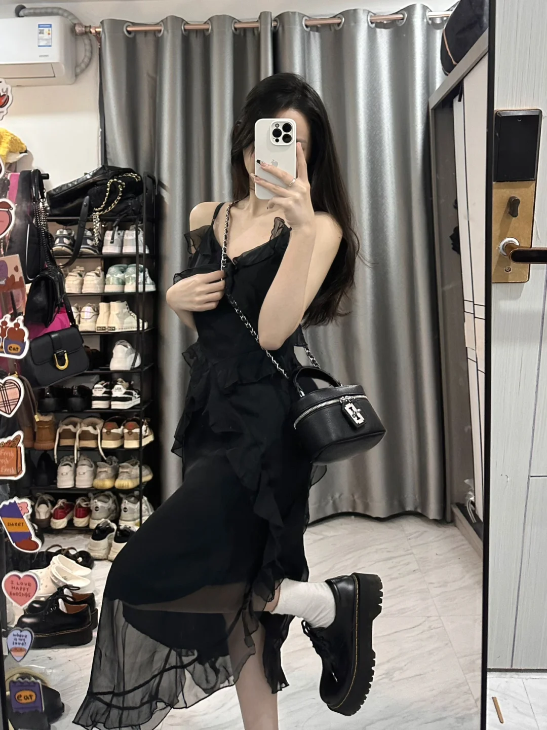 Black A Line Spaghetti Straps Chiffon Ruffles Long Prom Dress,Party Dress,Evening Dress GG3594