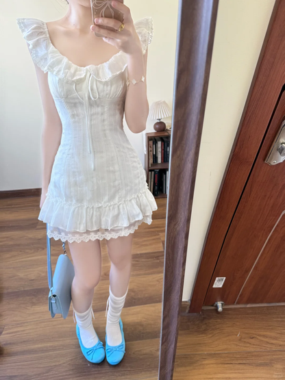 Pretty A Line U Neck White Satin Lace Short Prom Dress,Homecoming Dress,18th Birthday Dress GG3595