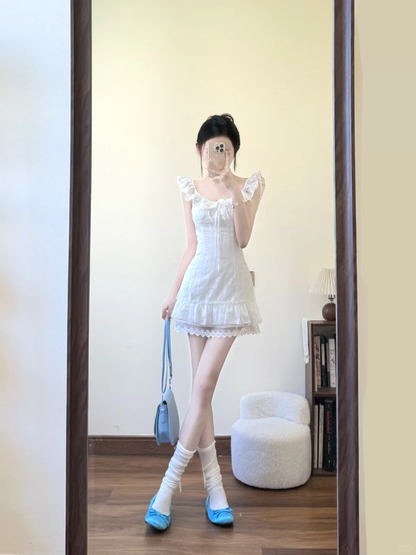 Pretty A Line U Neck White Satin Lace Short Prom Dress,Homecoming Dress,18th Birthday Dress GG3595