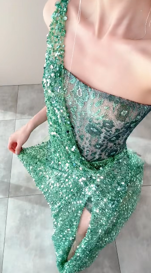 Gorgeous Mermaid One Shoulder Green Sequin Lace Long Slit Prom Dress,Party Dress,Evening Dress GG3603