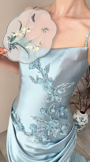 Stunning Mermaid Sapghetti Straps Satin Pleated Applique Long Prom Dress,Party Dress,Evening Dress GG3604