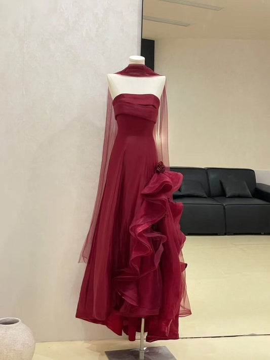 Burgundy Elegant A Line Strapless Satin Tulle Long Prom Dress,Party Dress,Evening Dress GG3610