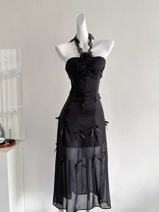 Black A Line Halter Satin Chiffon Bow Long Prom Dress,Party Dress,Evening Dress GG3611