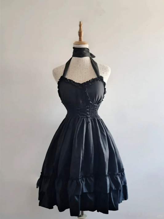 Simple Black A Line Halter Satin Short Prom Dress,Homecoming Dress,16th Birthday Dress GG3620