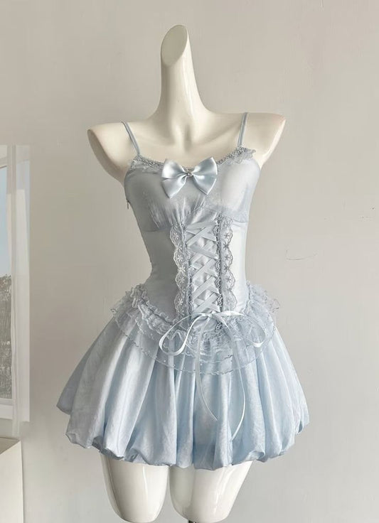 Cute A Line Spaghetti Straps Pale Blue Satin Lace Short Prom Dress,Homecoming Dress,20th Birthday Dress GG3627