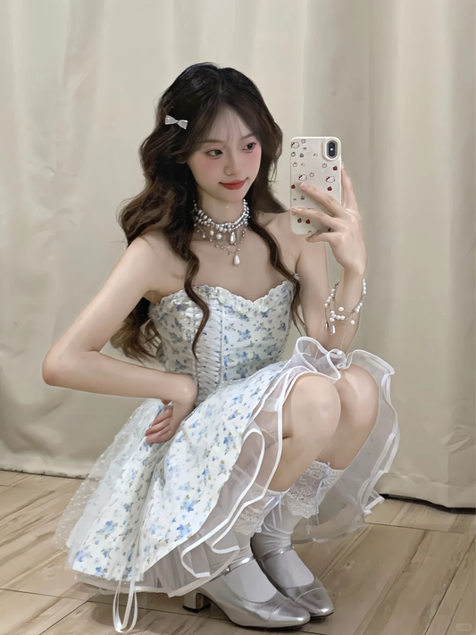 Pretty A Line Strapless Satin Printed Tulle Short Prom Dress,Homecoming Dress,16th Birthday Dress GG3631