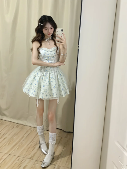 Pretty A Line Strapless Satin Printed Tulle Short Prom Dress,Homecoming Dress,16th Birthday Dress GG3631