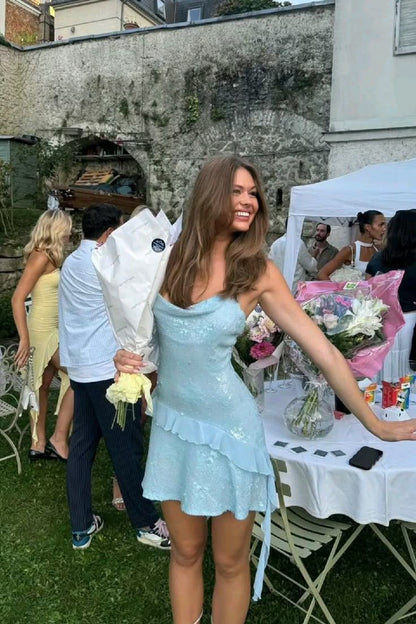 Pale Blue A Line Spaghetti Straps Sequin Chiffon Short Prom Dress,Homecoming Dress,20th Birthday Dress GG3642