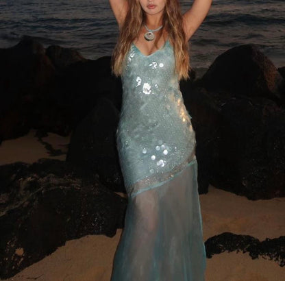 Pretty Mermaid Spaghetti Straps Light Blue Sequin Chiffon Long Prom Dress,Party Dress,Evening Dress GG3643