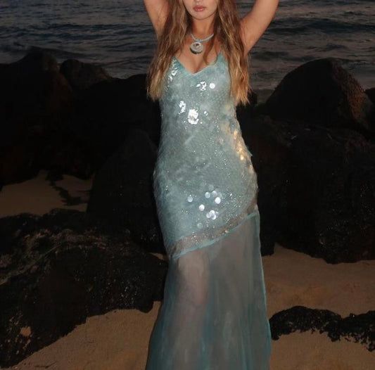 Pretty Mermaid Spaghetti Straps Light Blue Sequin Chiffon Long Prom Dress,Party Dress,Evening Dress GG3643