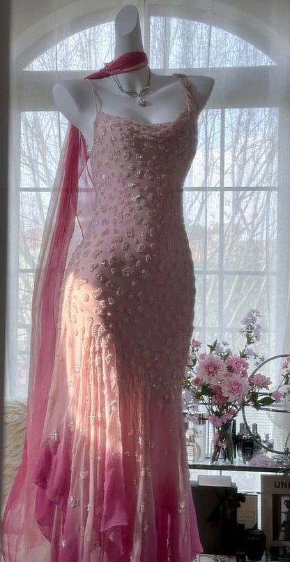 Stunning Mermaid Spaghetti Sttraps Chiffon Sequin Long Prom Dress,Party Dress,Evening Dress GG3649