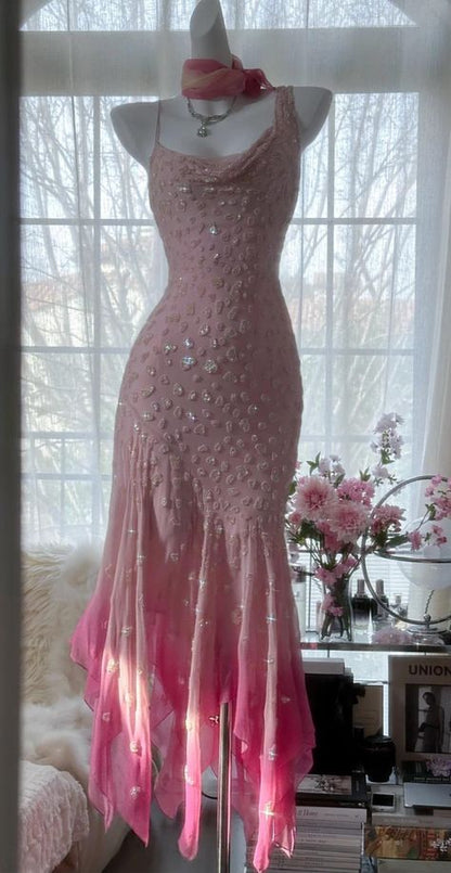 Stunning Mermaid Spaghetti Sttraps Chiffon Sequin Long Prom Dress,Party Dress,Evening Dress GG3649