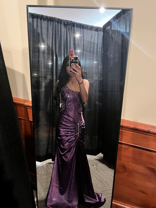 Elegant Mermaid One Shoulder Purple Satin Beads Long Prom Dress,Party Dress,Evening Dress GG3650