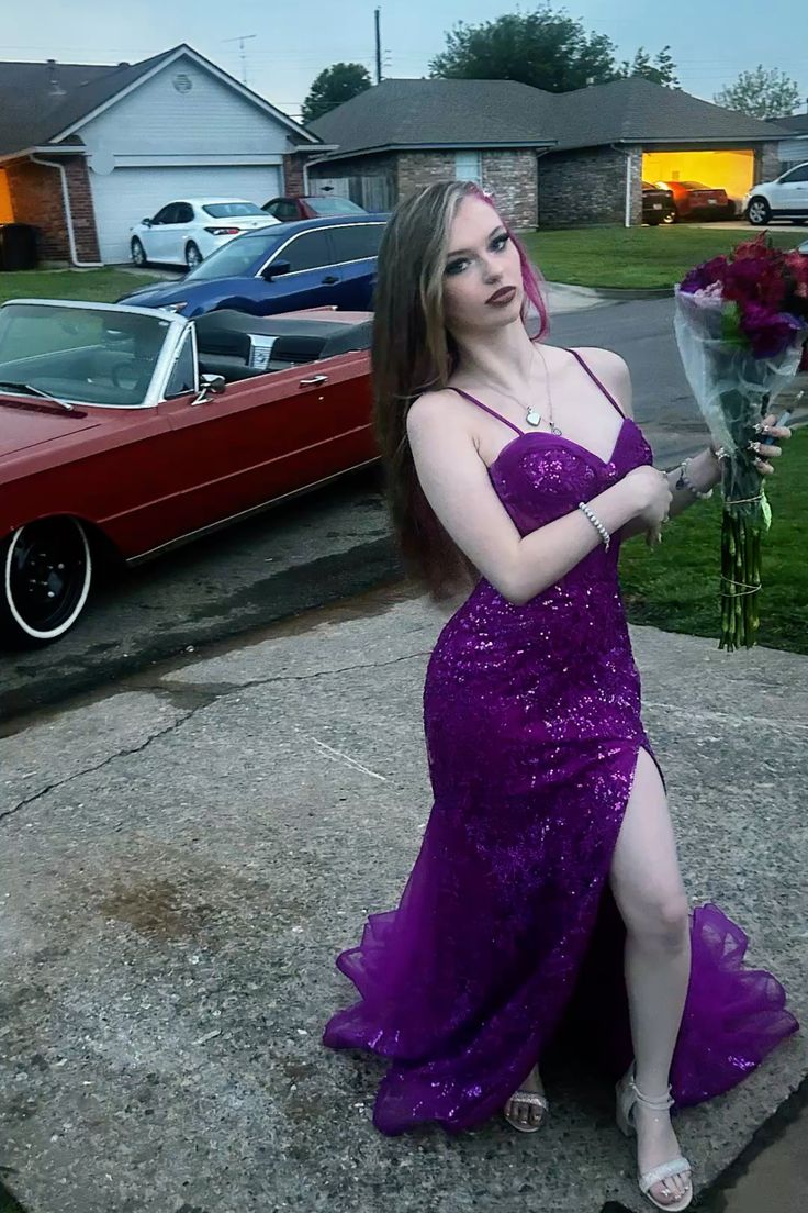 Purple Mermaid Spaghetti Straps Satin Tulle Sequin Slit Long Prom Dress,Party Dress,Evening Dress GG3651