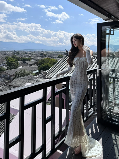 Pretty Mermaid Off The Shoulder Satin Lace Long Sleeves Long Prom Dress,Party Dress,Evening Dress GG3652
