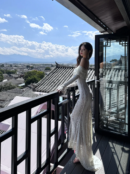 Pretty Mermaid Off The Shoulder Satin Lace Long Sleeves Long Prom Dress,Party Dress,Evening Dress GG3652