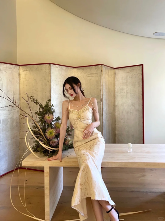 Classy Mermaid Spaghetti Straps Satin Lace Beads Long Prom Dress,Party Dress,Evening Dress GG3655