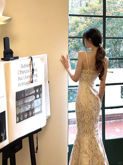 Classy Mermaid Spaghetti Straps Satin Lace Beads Long Prom Dress,Party Dress,Evening Dress GG3655