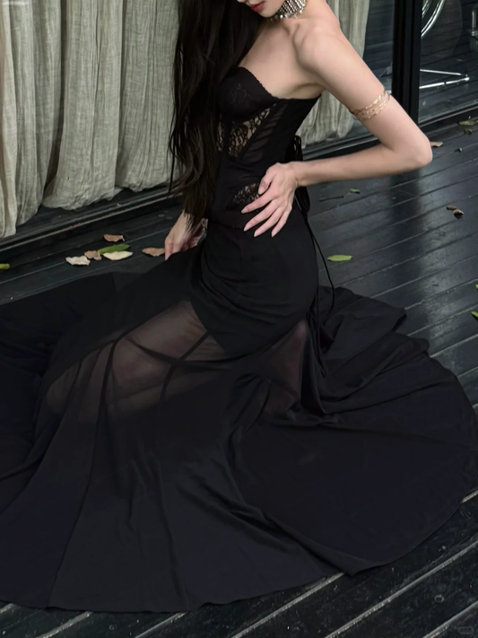 Charming Black Mermaid Strapless Satin Chiffon Long Prom Dress,Party Dress,Evening Dress GG3656