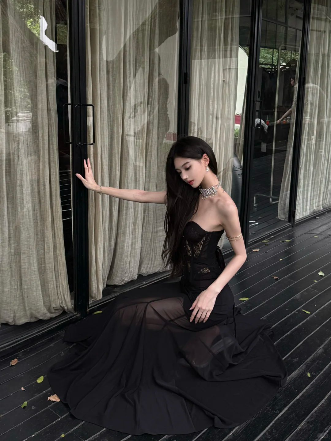 Charming Black Mermaid Strapless Satin Chiffon Long Prom Dress,Party Dress,Evening Dress GG3656