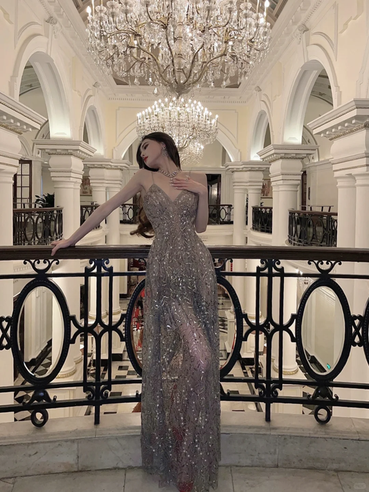 Glitter A Line Spaghetti Straps Tulle Sequin Long Prom Dress,Party Dress,Evening Dress GG3662