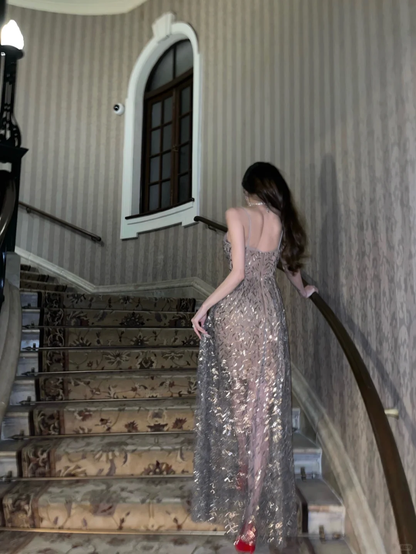 Glitter A Line Spaghetti Straps Tulle Sequin Long Prom Dress,Party Dress,Evening Dress GG3662